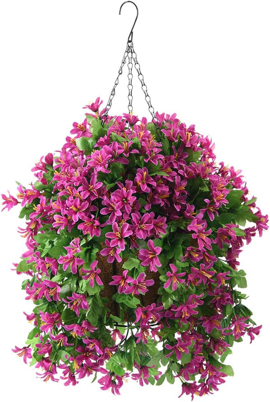 INQCMY Fake Hanging Flowers with Basket Artificial Violet for Outdoor