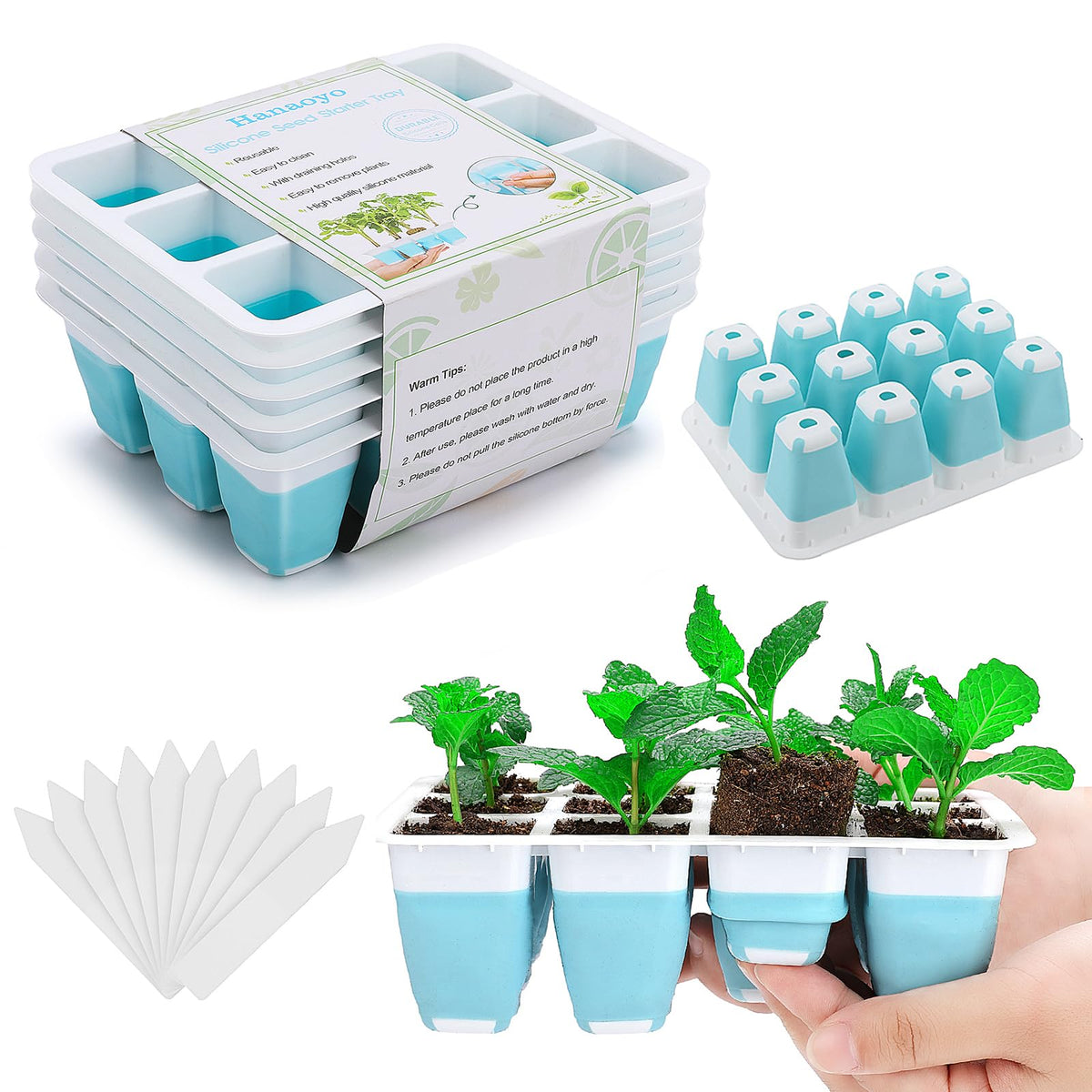 Hanaoyo 12 PCS Reusable Seed Starter Tray, 144 Cells Seed Starter Kit with Flexible Pop-Out Cells, Seedling Starter Trays for Seed Starter, Indoor Greenhouse Seeding Planting Growing