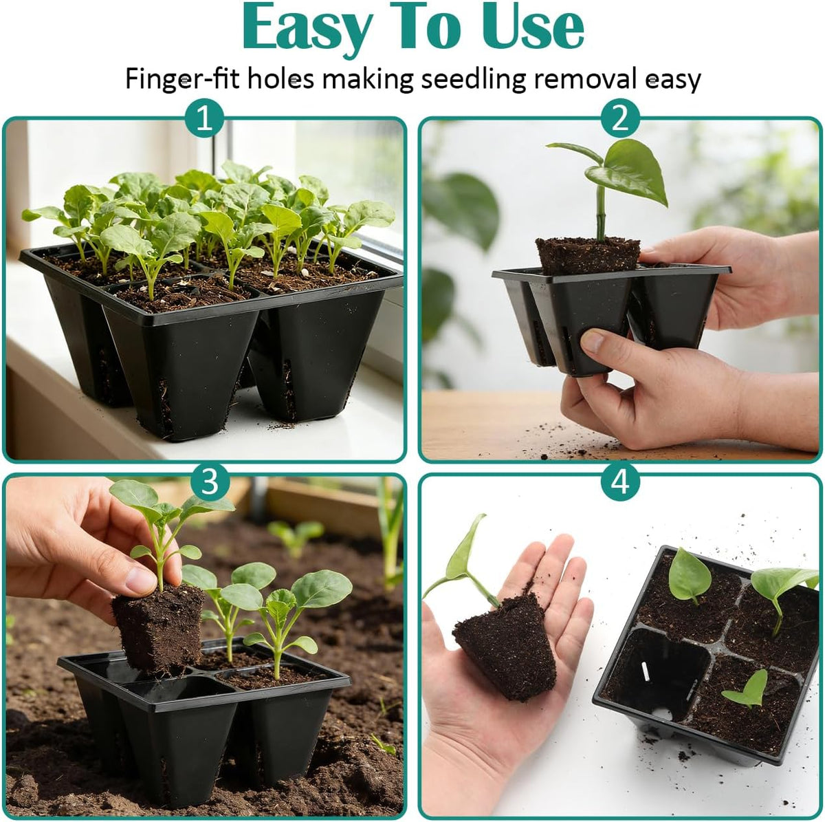 RooTrimmer 40 Pack Reusable 4-Cell Seed Starter Tray for Seedlings, Deep Large Cell Plant Starter Trays with Drainage Holes for Seed Germination, Easy Transplant, Fits Standard 1020 Flats, Black