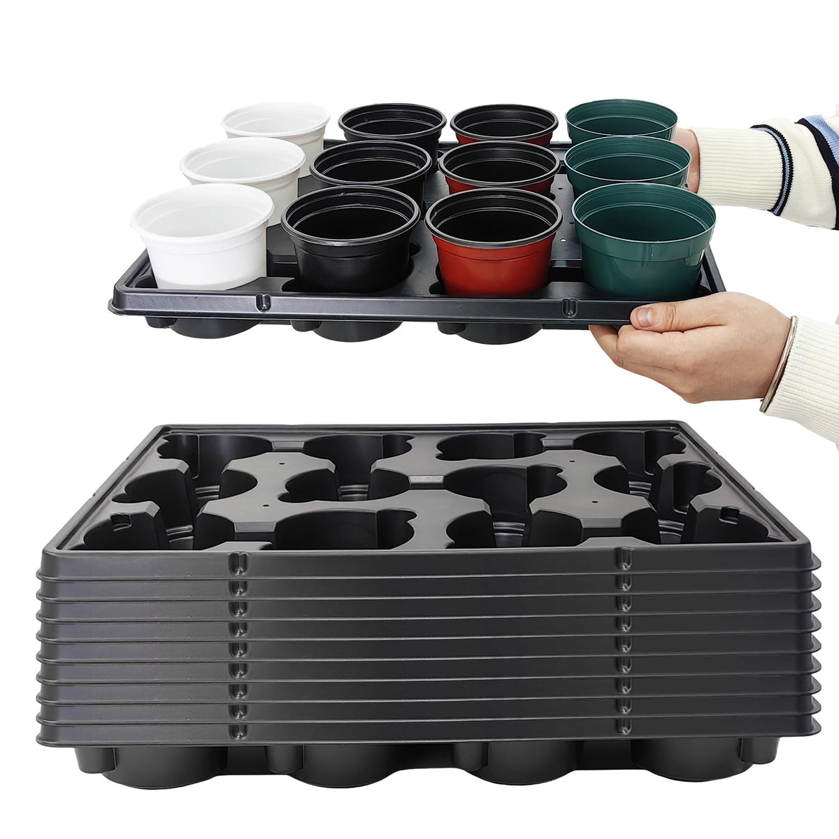 RooTrimmer 4 Inch 60 Pack Nursery Pots with Humidity Domes & 5 Pack 12 Cell Round Seedling Pot Carrying Trays, Sturdy Seeds Starter Pot Germination Set, Small Planter Nursery Propagation 5 Sets