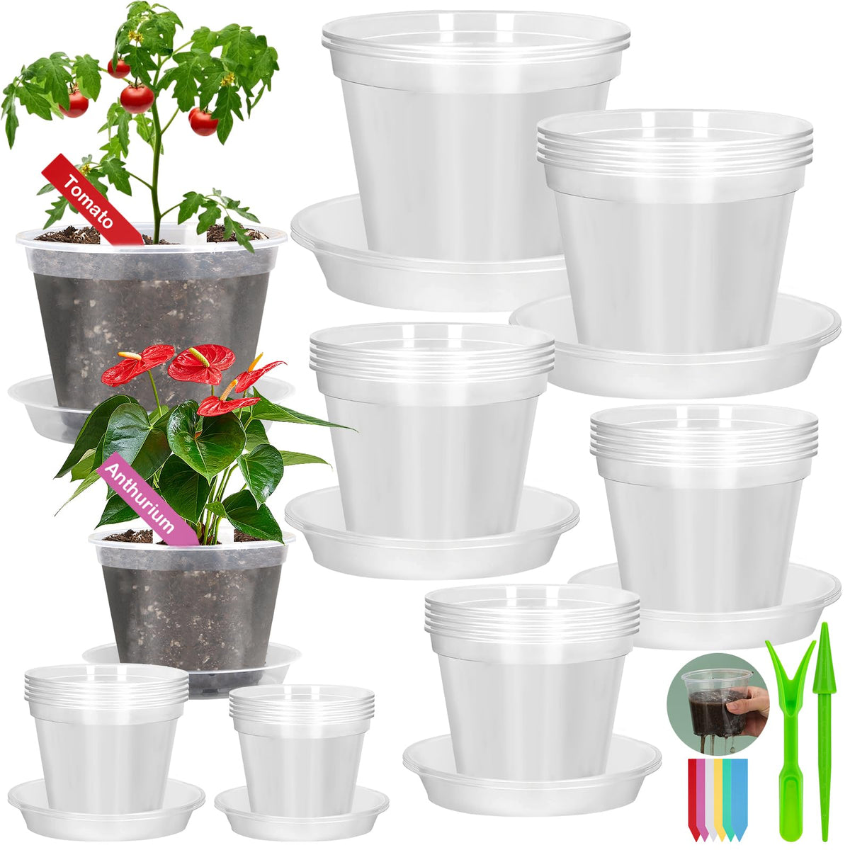 59Pcs Clear Nursery Pots Kits with Grow Light Includes 22 Pack 4'' Seed Starter Pots with Silicone Base & Lids, Clear Plant Pots for Propagation, Seedling Pots Kit with Drainage, Labels, Repotting Mat