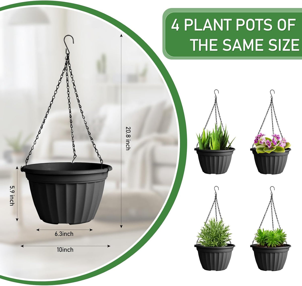 FGstyle Hanging Planters 10 Inch 4 Pack,Hanging Baskets for Plants Outdoor