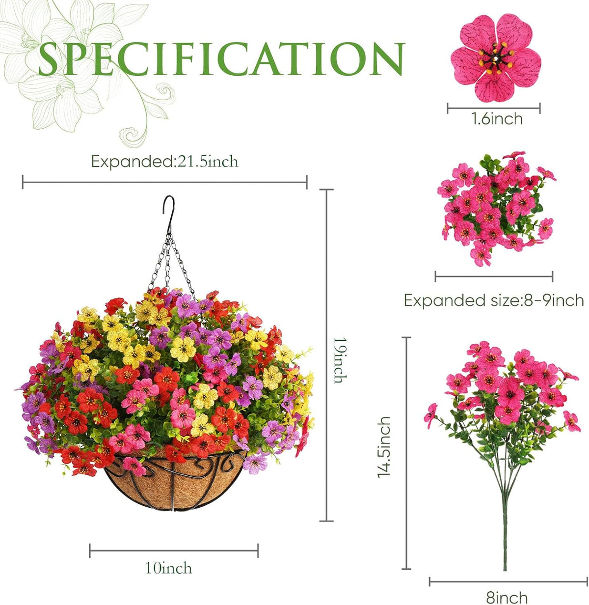 Artificial Hanging Flowers Basket Outdoors(Mix Red Purple Yellow Hot Pink)