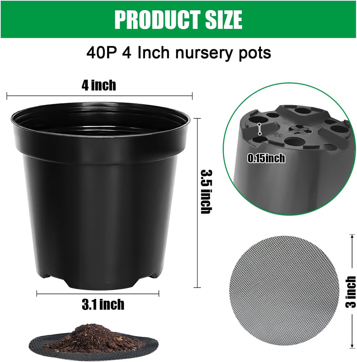 RooTrimmer 40 Pack 4 Inch Plant Nursery Pots with Mesh Pad, Sturdy Plastic Flower Planter Pots with Drainage Holes, Seed Starter Pots for Planting Seedings Cuttings Succulents Indoor Ourdoor, Black
