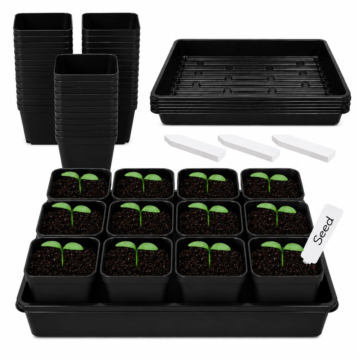 60pcs 3.5 inch Plastic Nursery Pots and 5 Pack Seedling Tray