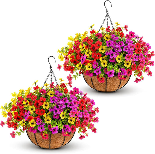 Artificial Hanging Baskets, 24 Pcs Mixed Color Mums UV Resistant Outdoor