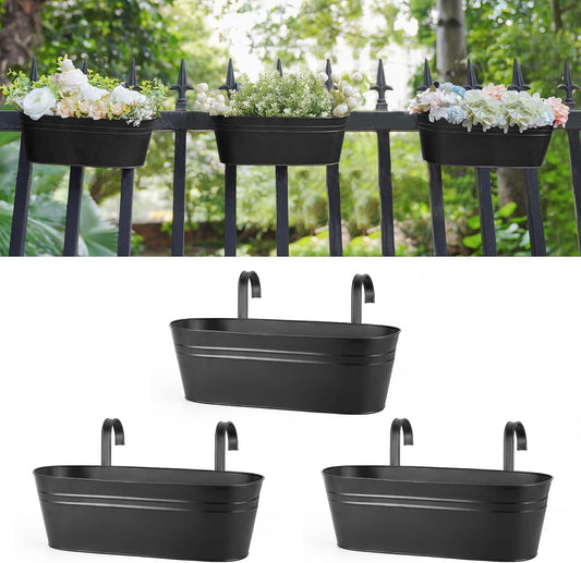 Dahey 15 Inches Railing Planter Box 3 Pcs Metal Hanging Flower Pots, Black