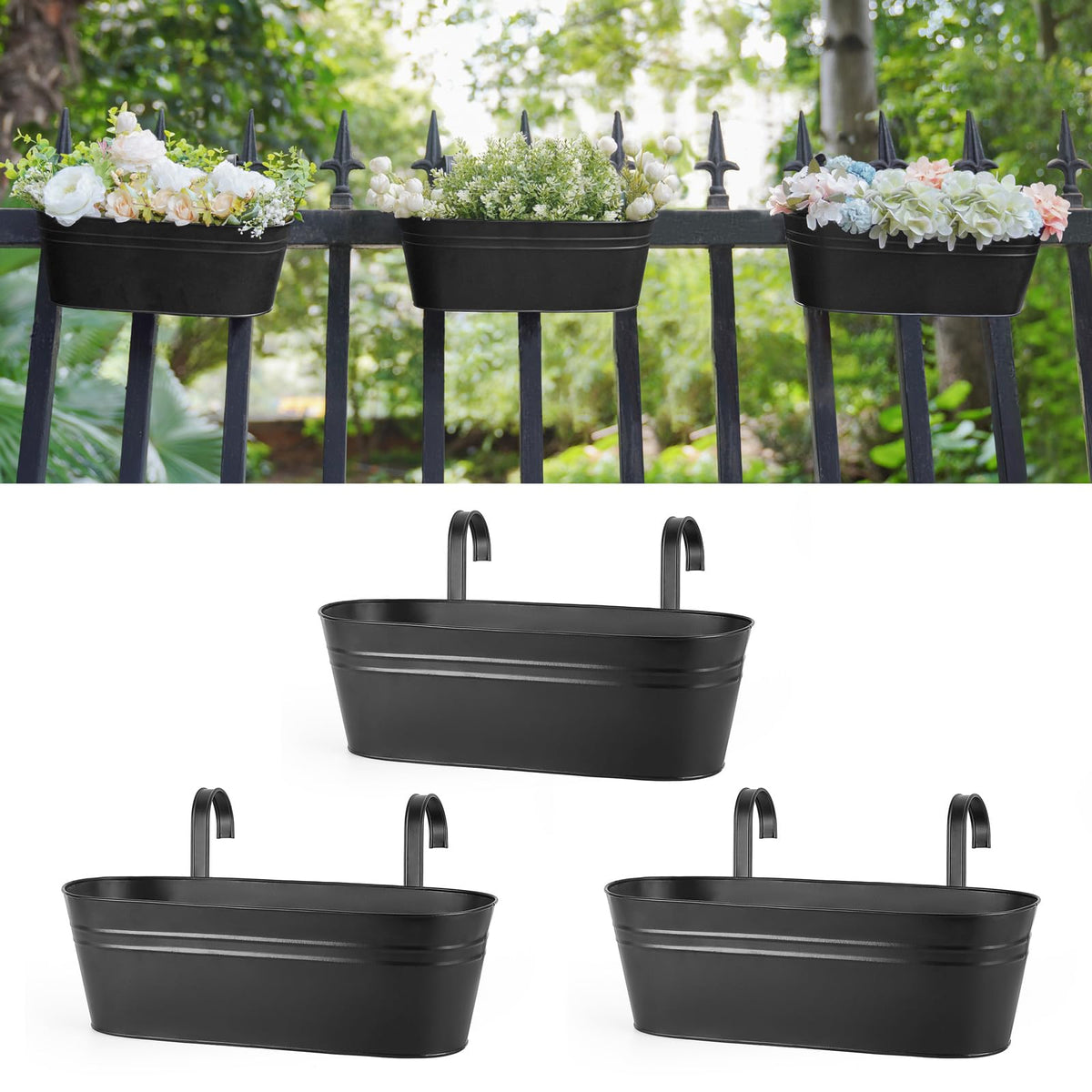 Dahey 15 Inches Railing Planter Box 3 Pcs Metal Hanging Flower Pots, Black