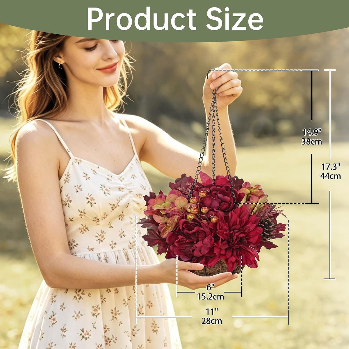 Hollyone 11" Fall Hanging Baskets Hydrangea Peonies Small Artificial Flowers Fall Hanging Decor Hydrangea Fake Flowers Faux Plants Red Orange Indoor Outdoor Porch Patio Garden Autumn Home Decorations