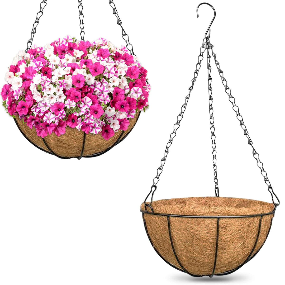 ZeeDix 2 Pack 14 Inch Hanging Baskets for Plants Outdoor, Metal Wire Round Planters with Coco Liner, Hanging Flower Baskets for Home Garden Porch Balcony Railings Decor