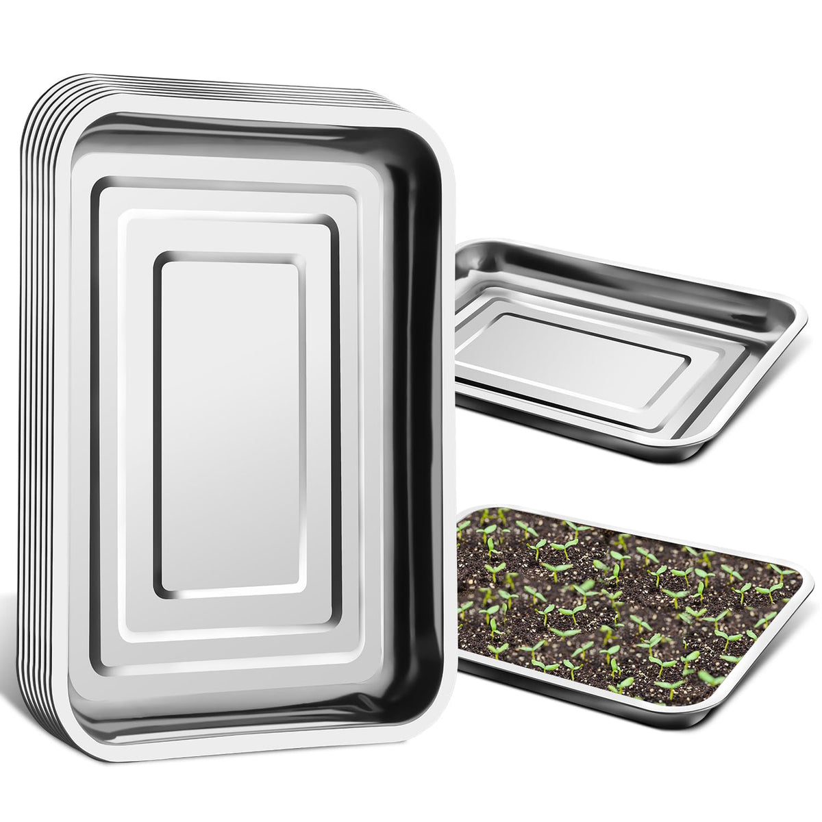 RooTrimmer 5 Pack Large Stainless Steel Seedling Trays, Heavy Duty Metal Water Catch Trays for Nursery Pots-Transplant, Seed Germination & Propagation Flats (17.5 inch×13.56 inch, 1.18" Height)