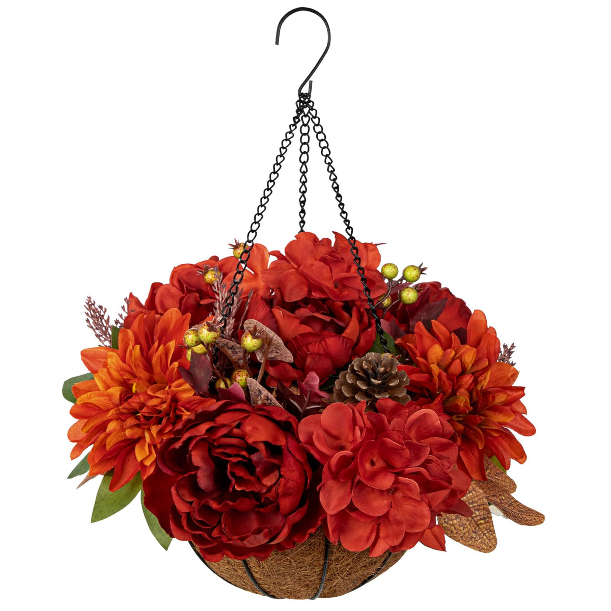 Hollyone 11" Fall Hanging Baskets Hydrangea Peonies Small Artificial Flowers Fall Hanging Decor Hydrangea Fake Flowers Faux Plants Red Orange Indoor Outdoor Porch Patio Garden Autumn Home Decorations