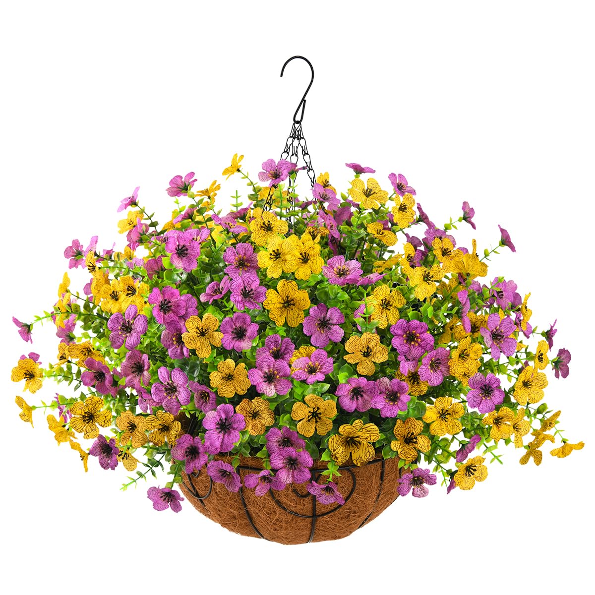 Artificial Fall Hanging Flowers Basket, UV Resistant Mums for Outdoors