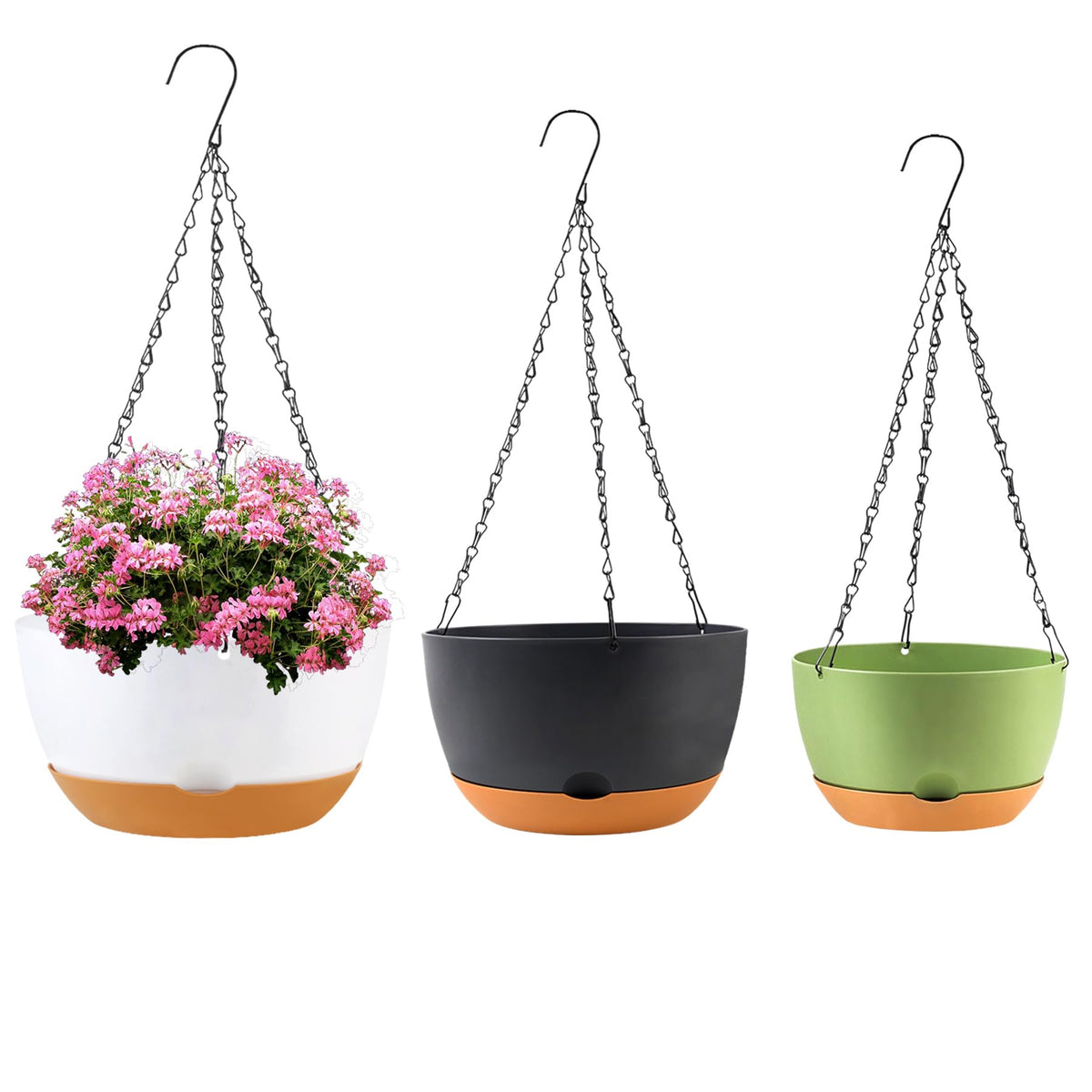 KPUVX 4 Pack Plastic Hanging pots for Plants Indoor,8 Inch Plant Pot Indoor Outdoor Hanging Baskets,Hanging Flower Pots with Drainage Holes and Chain for Garden Porch Plants(Black)