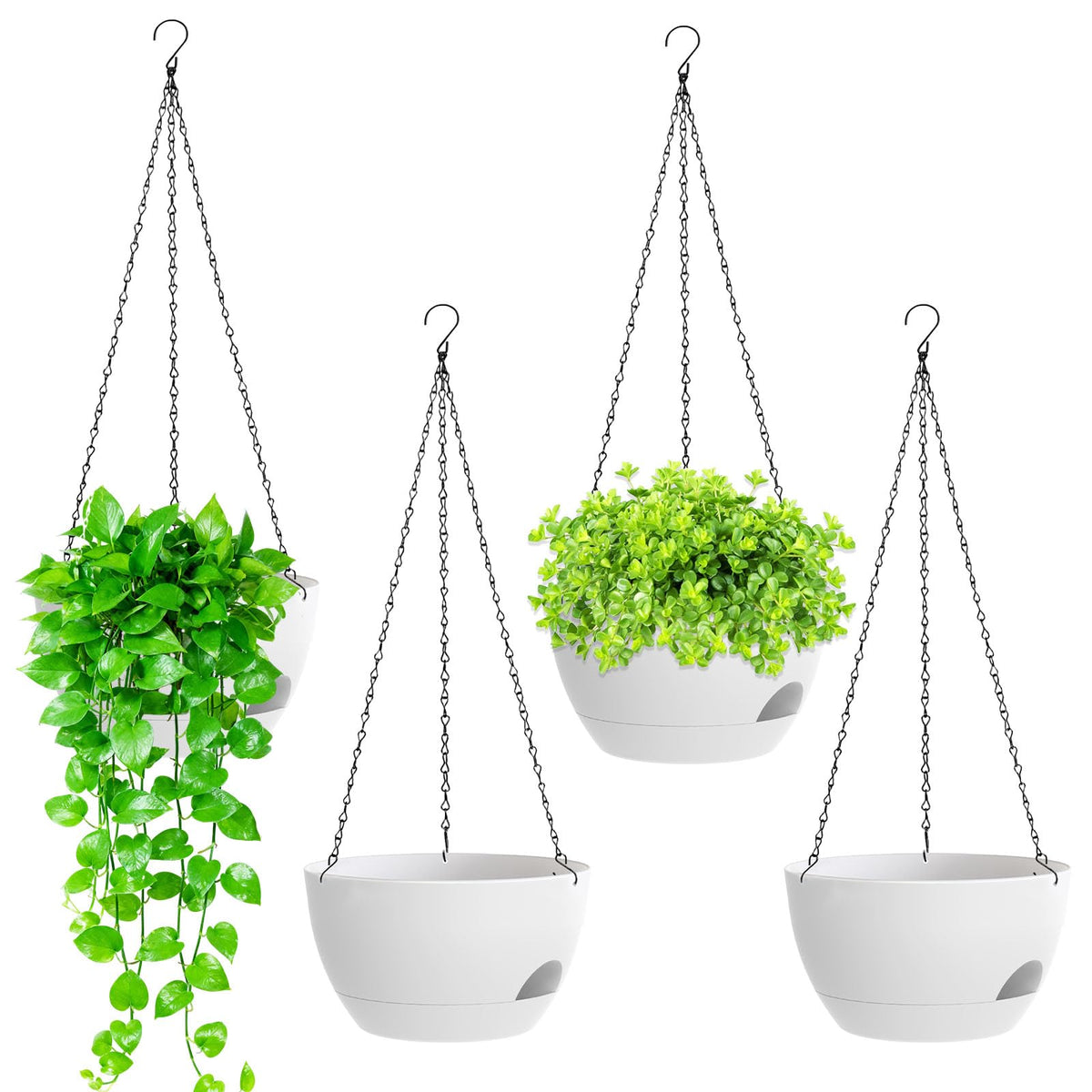 8 Inch Hanging Planters for Indoor Outdoor Plants, 4 Pack Black Plastic Self Watering Hanging Baskets with Drainage Holes and Chain for Garden Porch