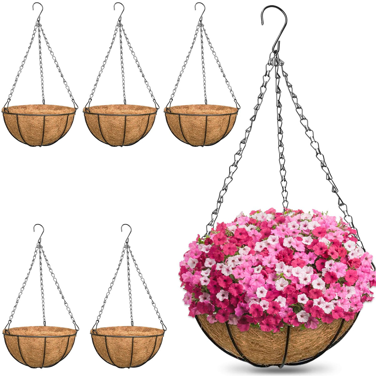ZeeDix 2 Pack 14 Inch Hanging Baskets for Plants Outdoor, Metal Wire Round Planters with Coco Liner, Hanging Flower Baskets for Home Garden Porch Balcony Railings Decor