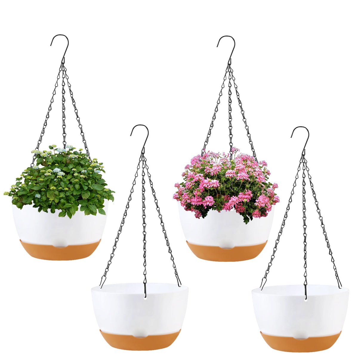 KPUVX 4 Pack Plastic Hanging pots for Plants Indoor,8 Inch Plant Pot Indoor Outdoor Hanging Baskets,Hanging Flower Pots with Drainage Holes and Chain for Garden Porch Plants(Black)