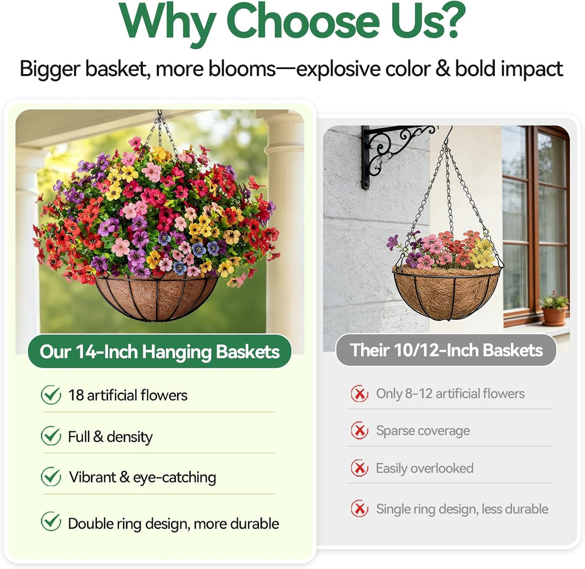 ZeeDix 18 Pcs Artificial Flowers with Hanging Baskets for Outdoors, 14 Inch Hanging Baskets with Fake Silk Flowers for Front Porch Patio Balcony Garden Home Spring Summer Decor