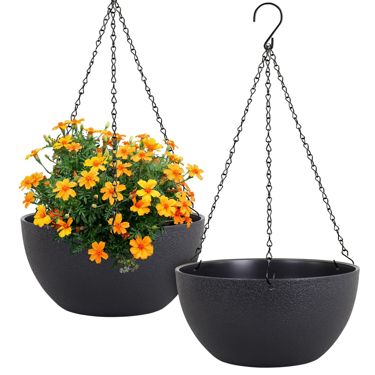 Meowell 10 inch Hanging Planters for Indoor Outdoor Plants, 2 Pack Hanging Flower Pots with Drainage Holes and Chain for Garden Porch, Round Plastic Hanging Baskets for House Plants, Black