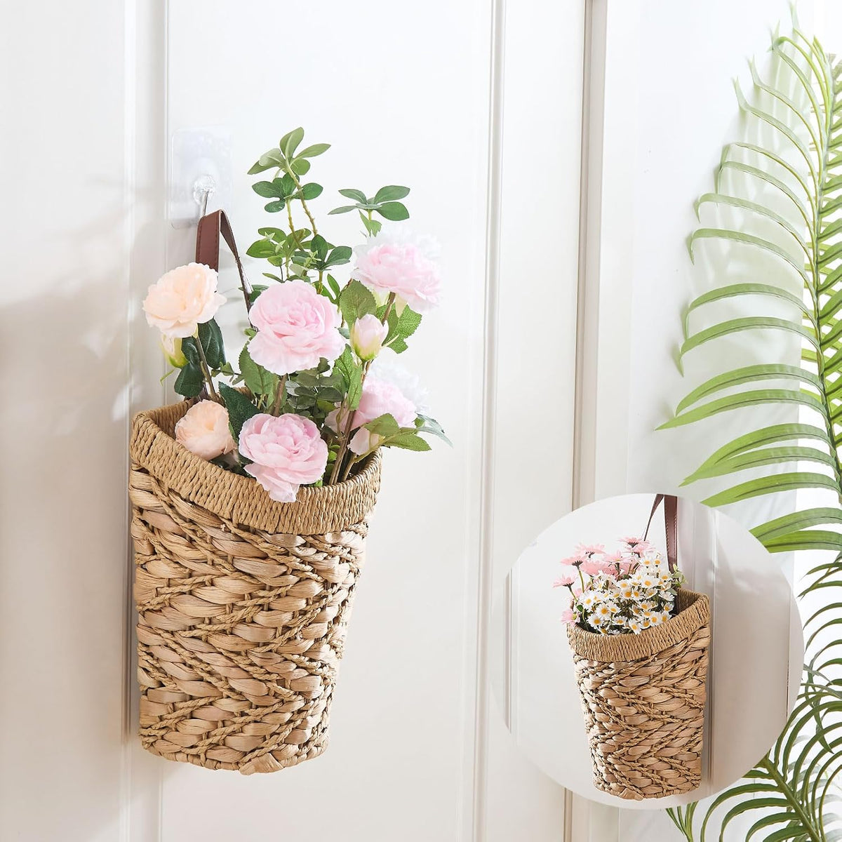 Handwoven Water Hyacinth Boho Front Door Basket for Flower Plants