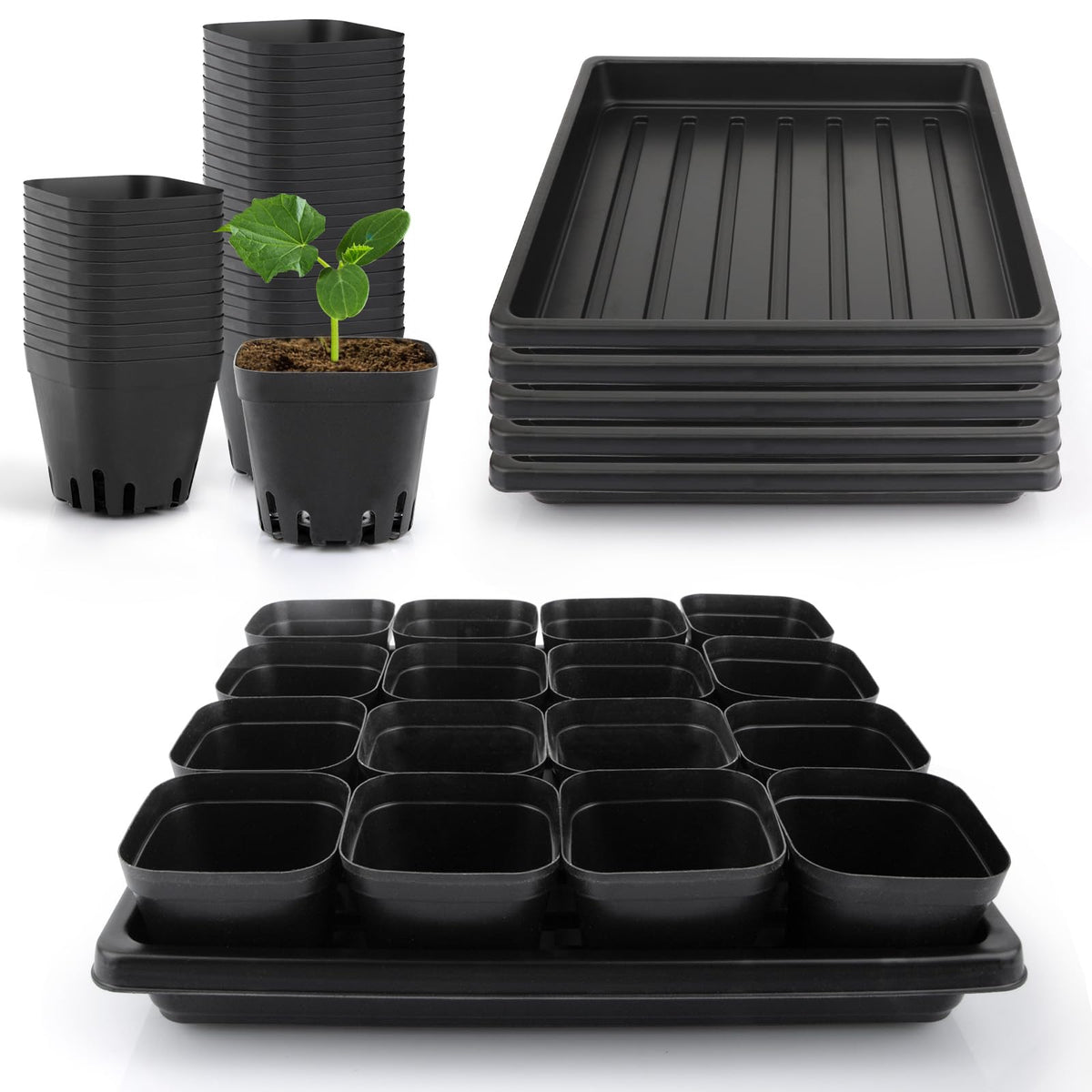 80Pcs 2.5inch Square Nursery Pots with 5Pcs Seed Starting Trays, Seed Starter Tray Kit, Seeds Starting Germination, Seeding Pots with Drain Holes, Small Plant Nursery Propagation