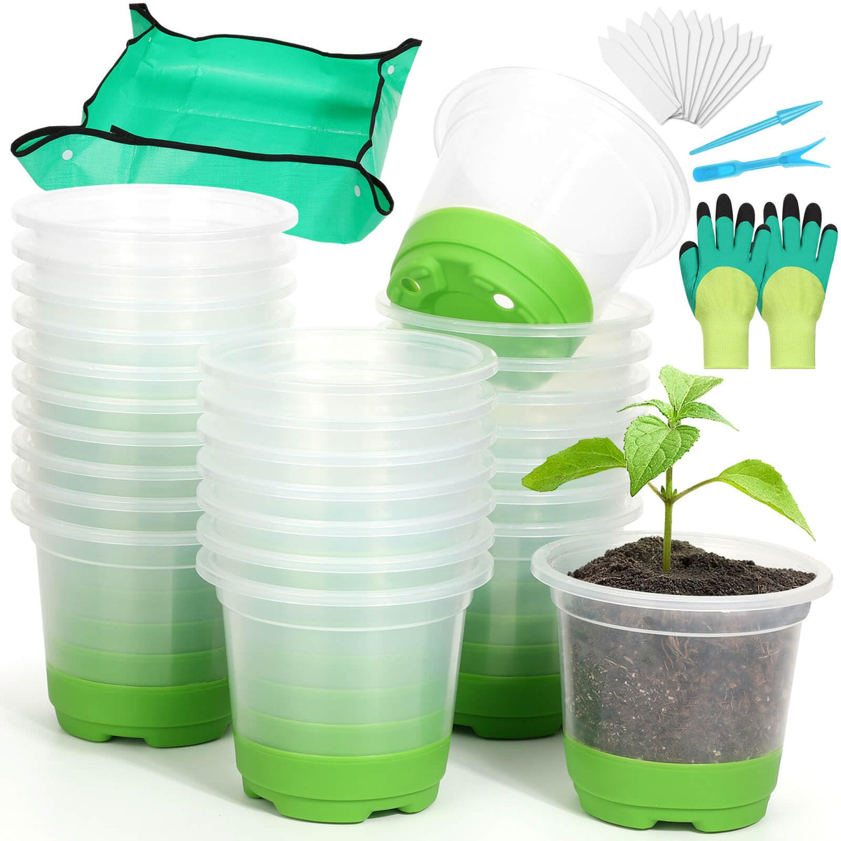 Caffox 45PCS Reusable Seed Starter Kit Includes 20 Packs 5" Clear Nursery Pots with Silicone Base, Repotting Mat, Gardening Gloves, Plant Labels and Seedling Tools for Easy Transplant