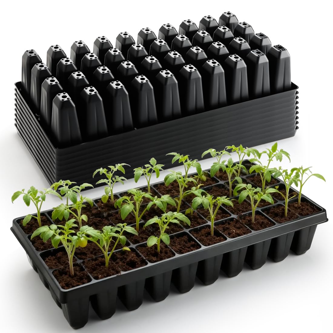 RooTrimmer 10 Pack 32 Cell Seed Starter Trays - Extra Deep 4.33" Plastic Nursery Trays, 20" x 10"，Fits Standard 1020 Flats