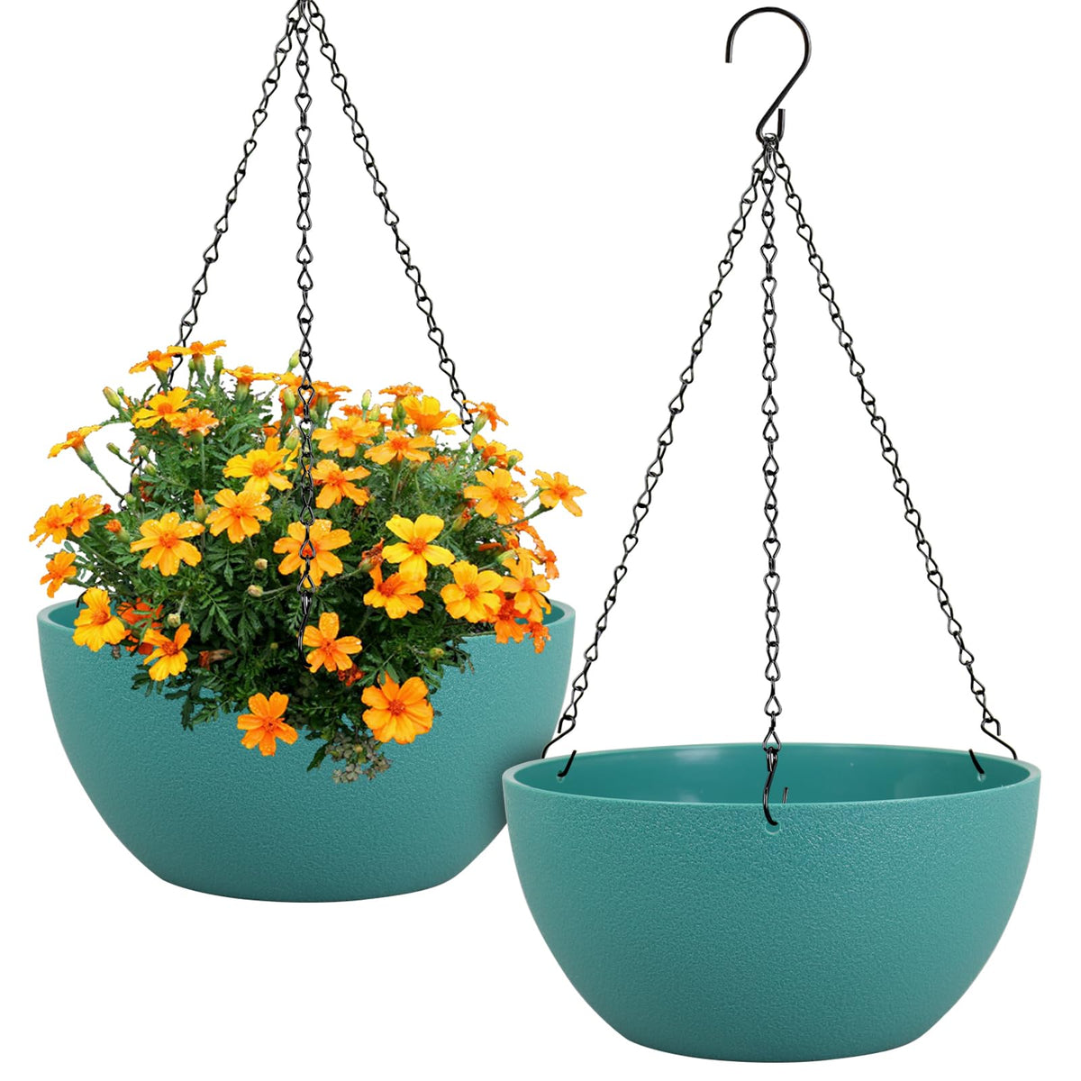 Meowell 10 inch Hanging Planters for Indoor Outdoor Plants, 2 Pack Hanging Flower Pots with Drainage Holes and Chain for Garden Porch, Round Plastic Hanging Baskets for House Plants, Black