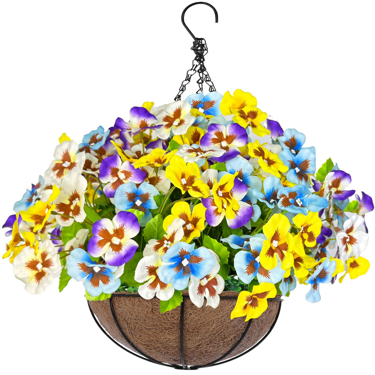 Artificial Hanging Flowers Plants Baskets Outdoor Outside Decoration, Pansies UV Resistant Waterproof Spring Fake Silk Flowers Faux Hanging Planters for Porch Patio Balcony Yard Home Decor