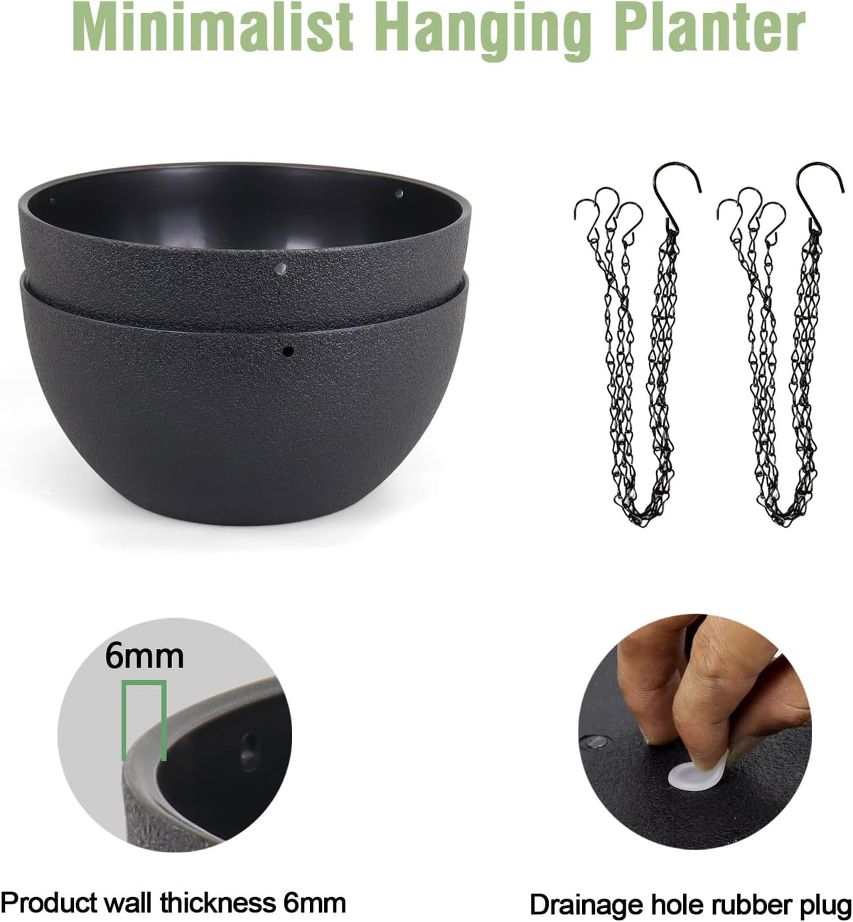 Meowell 10 inch Hanging Planters for Indoor Outdoor Plants, 2 Pack Hanging Flower Pots with Drainage Holes and Chain for Garden Porch, Round Plastic Hanging Baskets for House Plants, Black