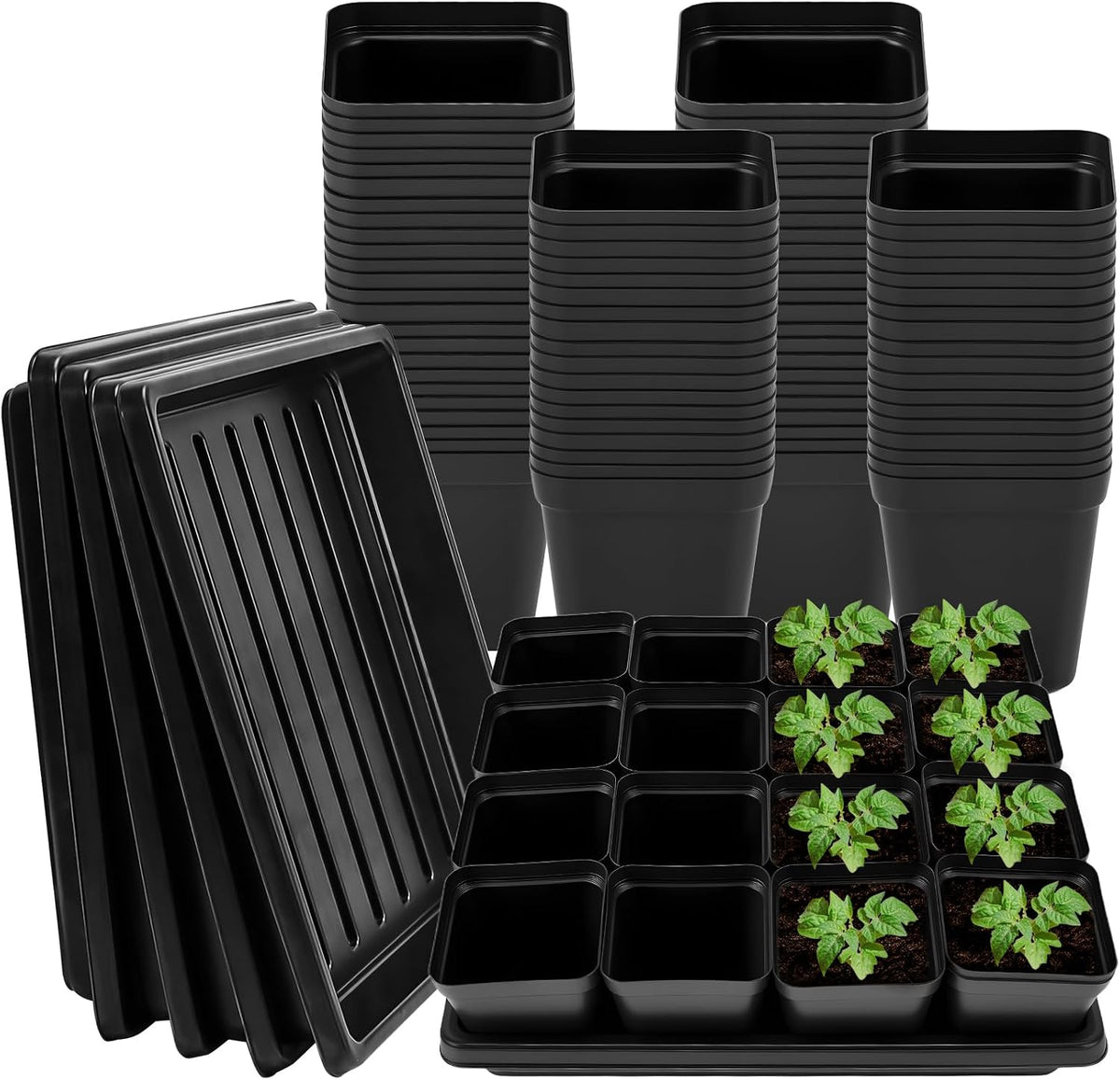 2.6in 100 Pcs Square Nursery Pots with 5 Pcs Plastic Seed Starting Trays