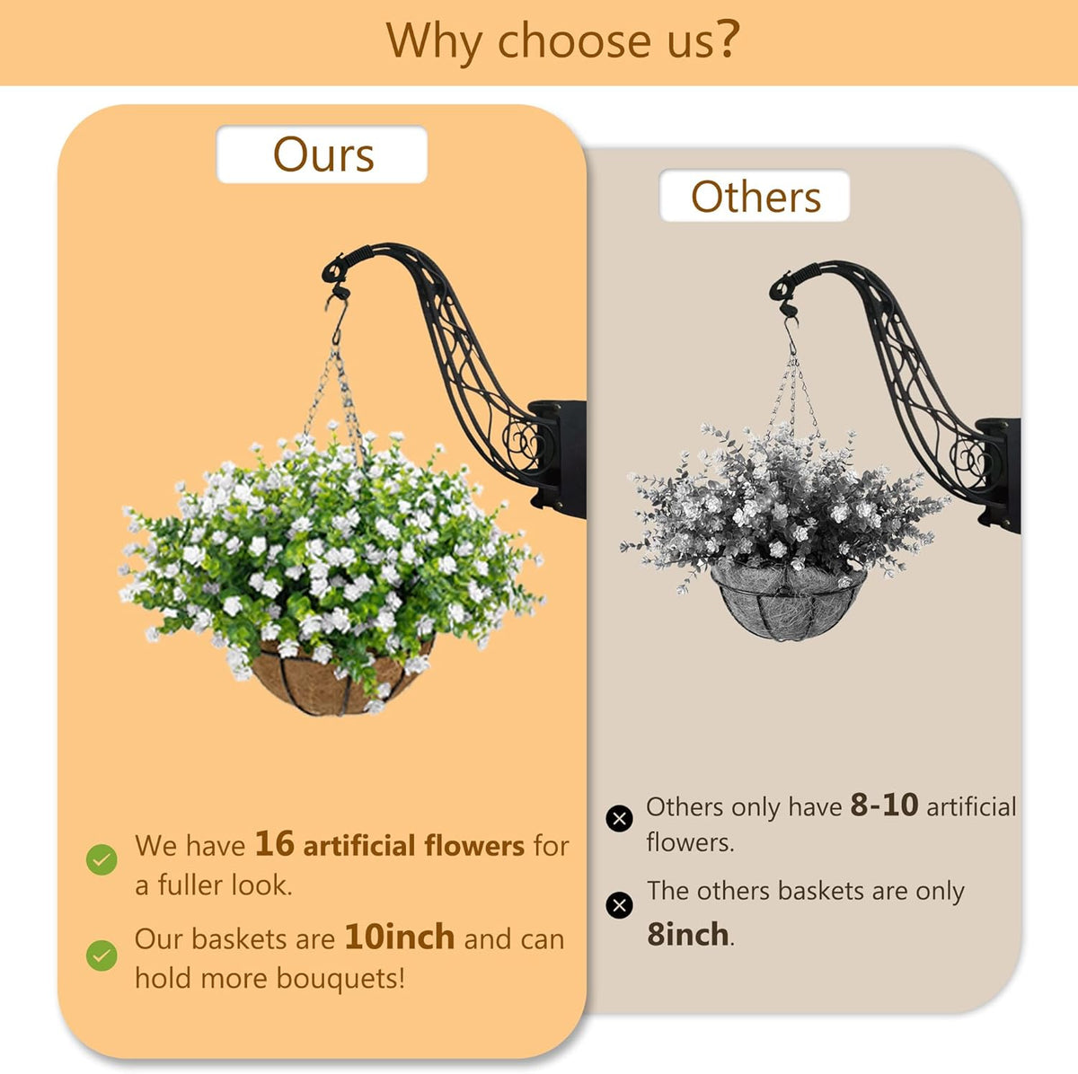 NETAP Artificial Hanging Flowers Basket for Outdoor, 16 Fake Flowers Look Real UV Resistant, Faux Hanging Plants for Porch, Balcony, Patio, Garden, Spring Summer Decor,White