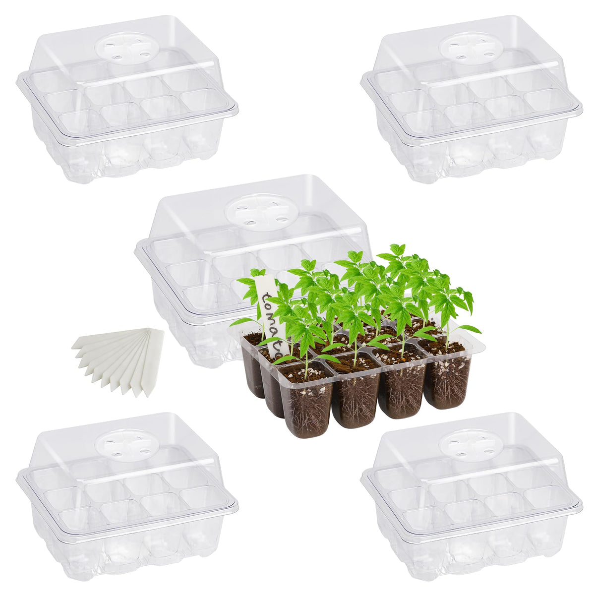 Bonviee 10-Pack Seed Starter Trays, Tall Dome, Base, 12-Cell Tray, Clear
