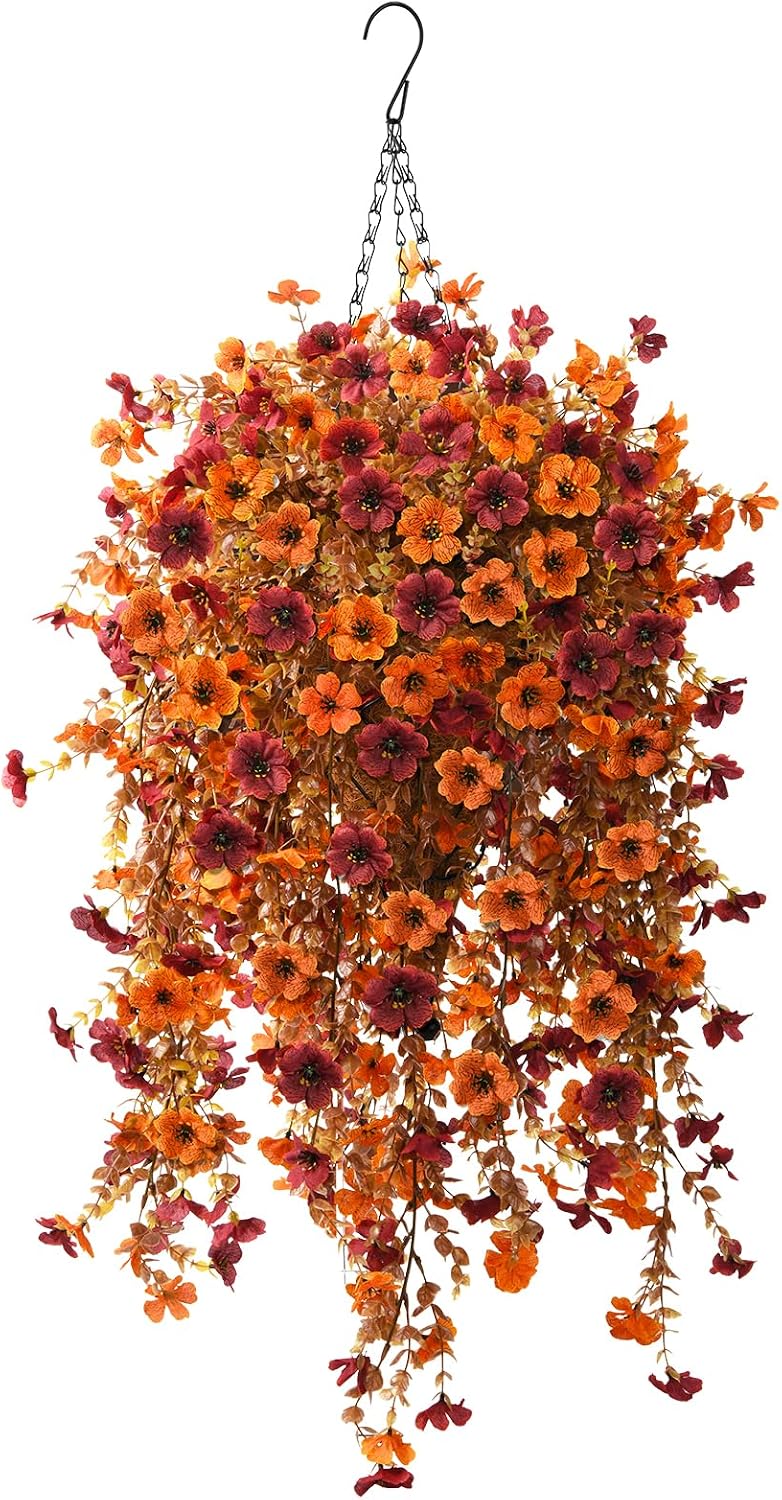 Fake Mums Fall Artificial Hanging Flowers Baskets for Outdoor Decoration
