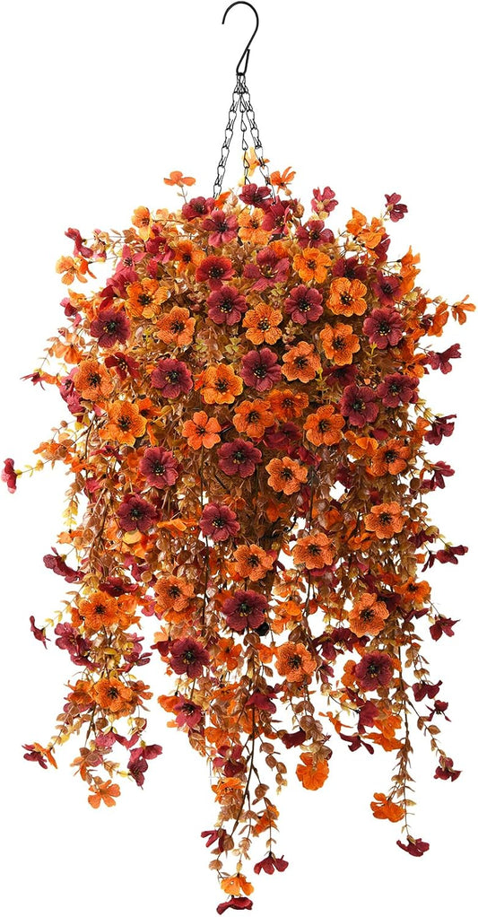 Fake Mums Fall Artificial Hanging Flowers Baskets for Outdoor Decoration