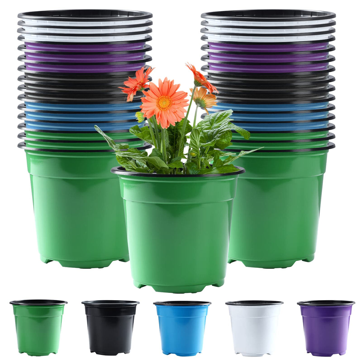 Oubest 30Pack Nursery Pots Plastic for Plants 5 inch Seedling Pots with Drainage Holes Multicolor Flower Seedling Transplanting