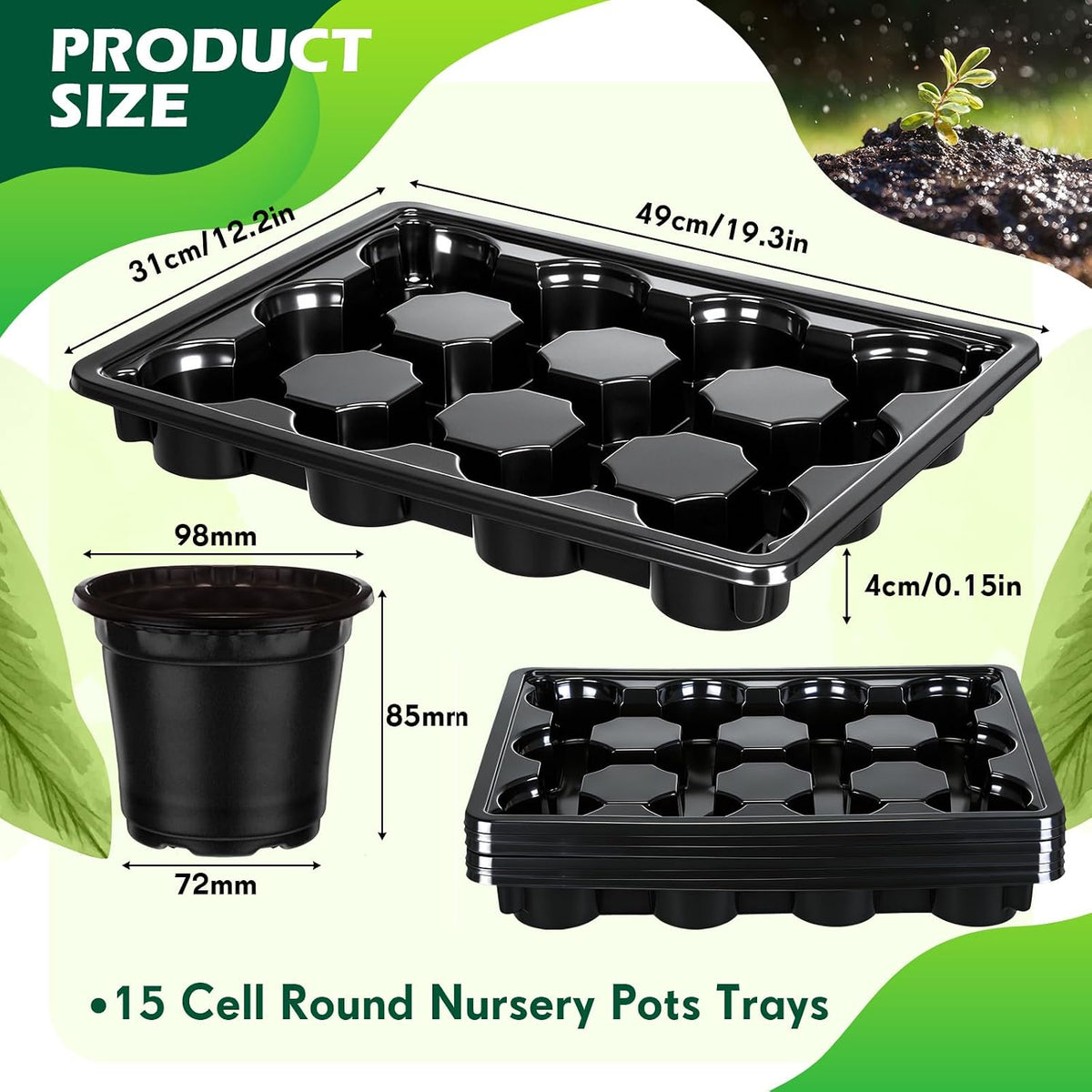 Lounsweer 6 Sets 4 Inch Plant Nursery Pots 72 Pcs and 12 Cell Plant Seed Starter Trays 6 Pcs, Sturdy Seeds Starting Germination Shuttle Carrying Trays, Small Planter Nursery Propagation(Black)