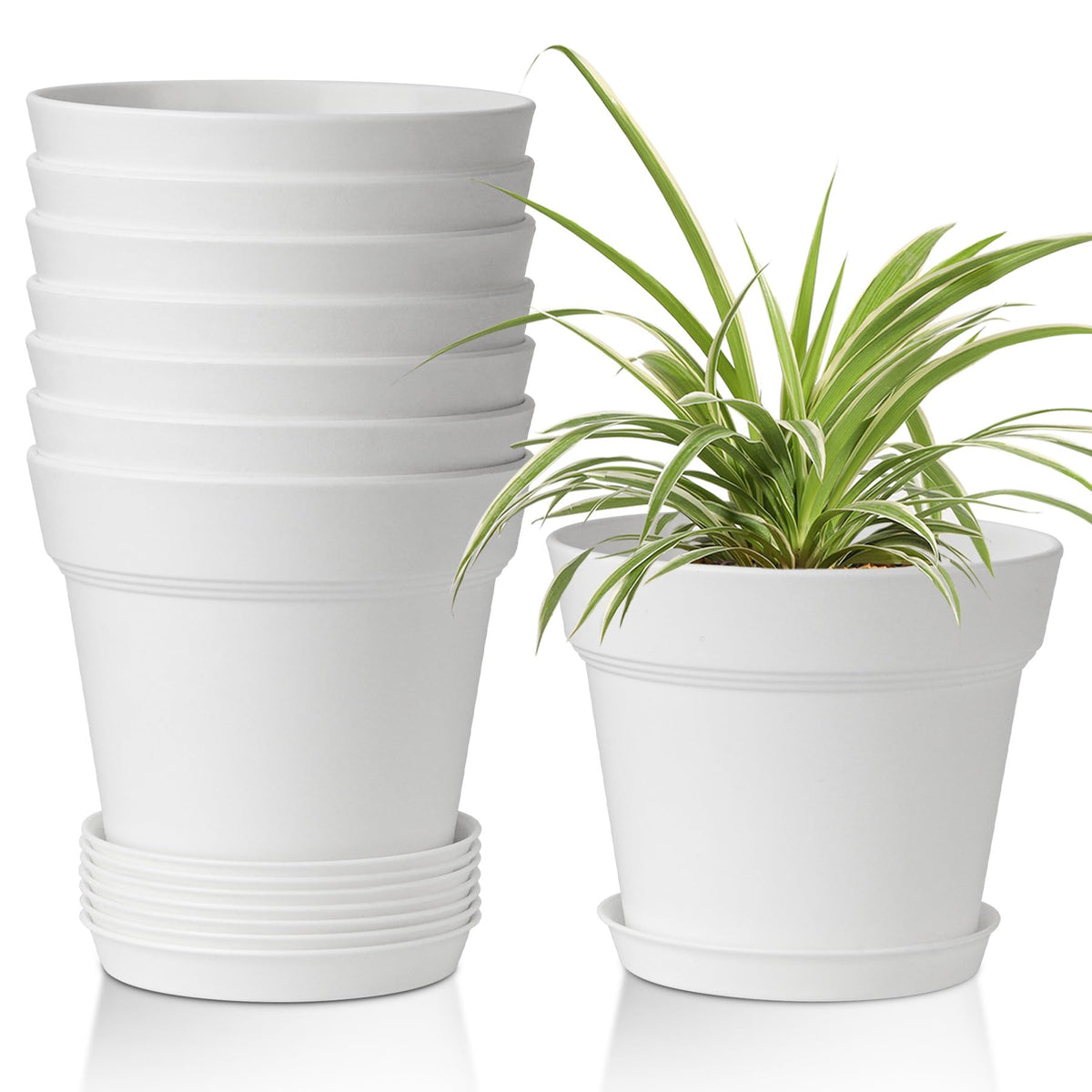 T4U Small Plant Pots 5 Inch 8 Pack, Plastic Indoor Flower Pots Saucer White