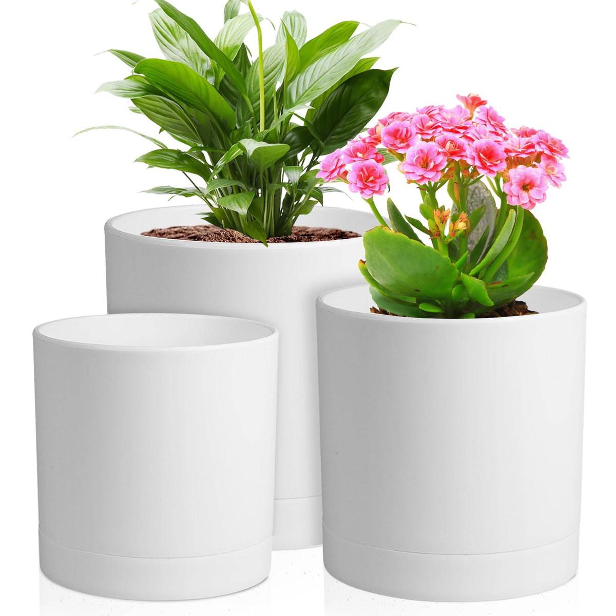 Meowell 8/7/6 inch Plant Pots, 3 Set Cylinder Flower Pots for Outdoor Indoor Plants, Decorative Plastic Planters with Drainage Holes and Saucers for Garden House Plants, Black