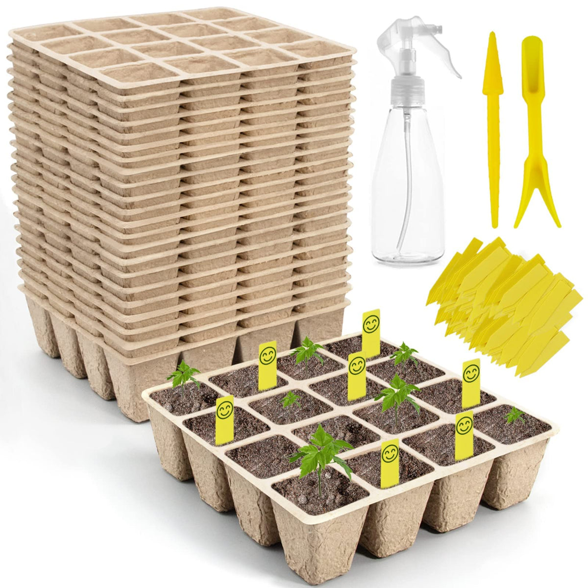 200 Cells Seed Starter Tray, 20 Pack Biodegradable Seed Starter Kit, Peat Pots for Seedlings with 200 Plant Labels, 2 Seed Planting Tool and 1 Spray Bottle