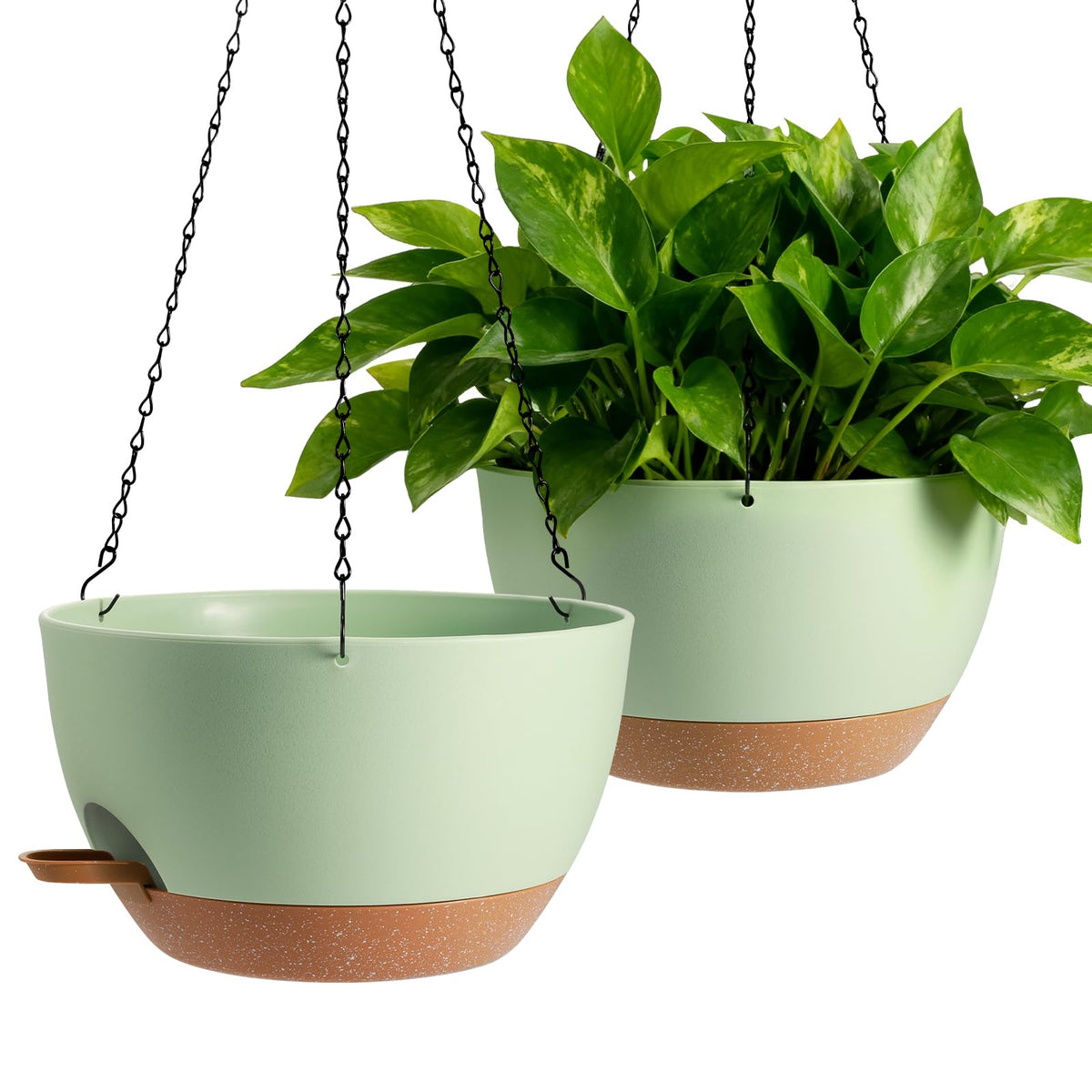 4-Piece Set of 8-Inch Hanging Planters with Automatic Watering System and Drip Tray, Includes Metal Chain, Suitable for Various Indoor and Outdoor Plants and Flowers, Black-Brown