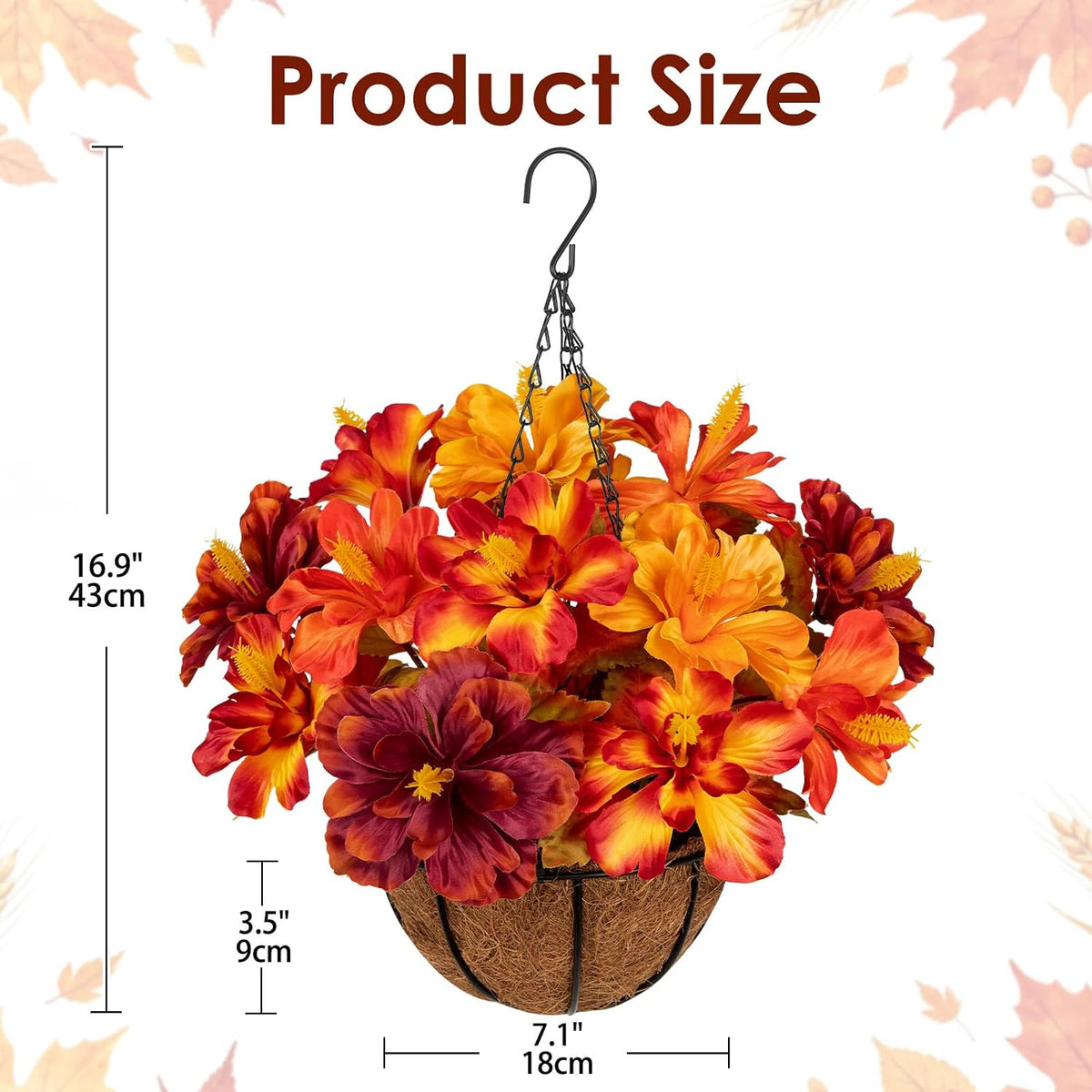 Briful 16.9" Artificial Hanging Basket with Flowers, Fake Autumn Hibiscus Silk Floral Arrangement with Hook, Faux Potted Decor for Front Porch Patio Garden Fall Thanksgiving