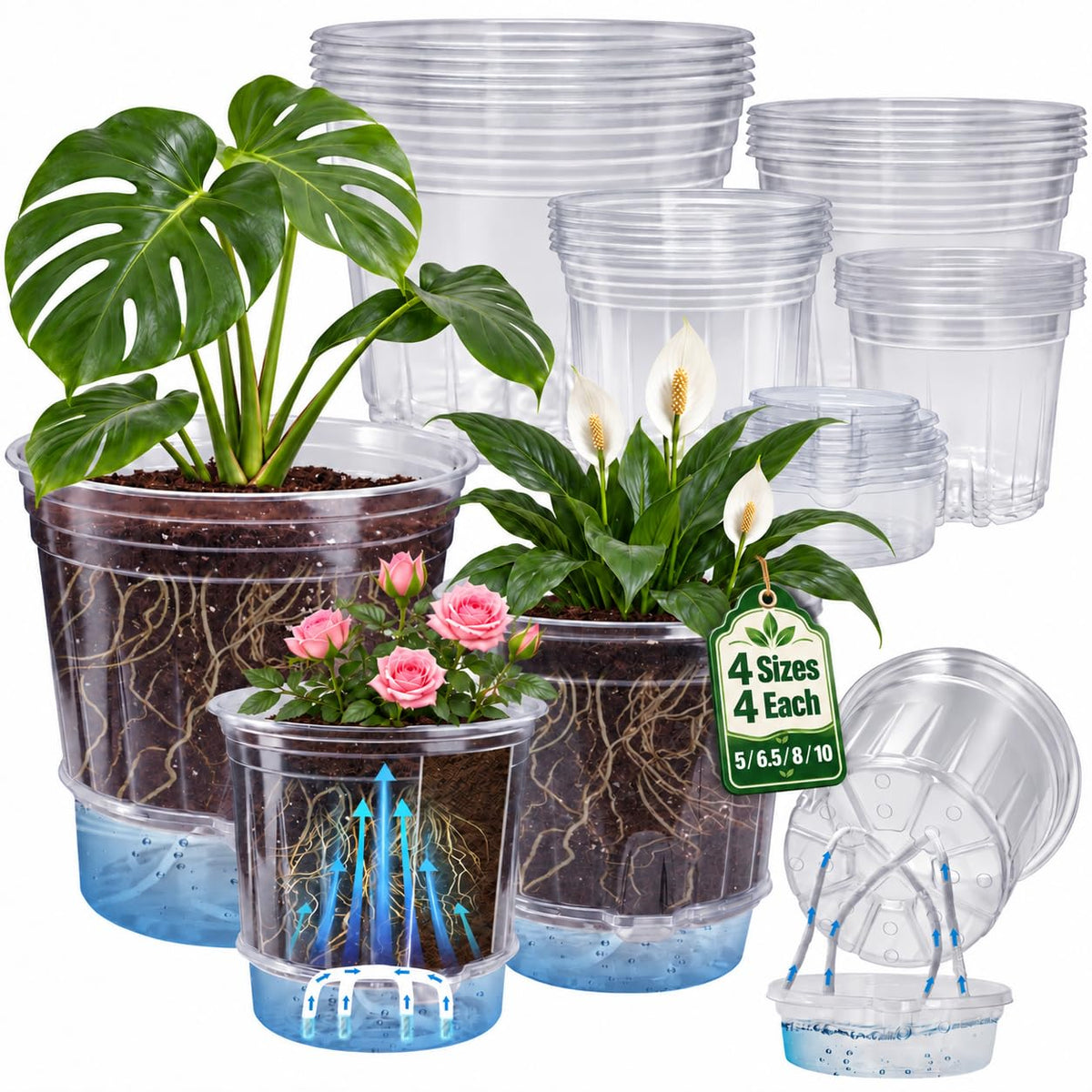 Bluepro Clear Nursery Pots with Drainage Holes, 3.5/4/5/7 Inch, 36-Pack