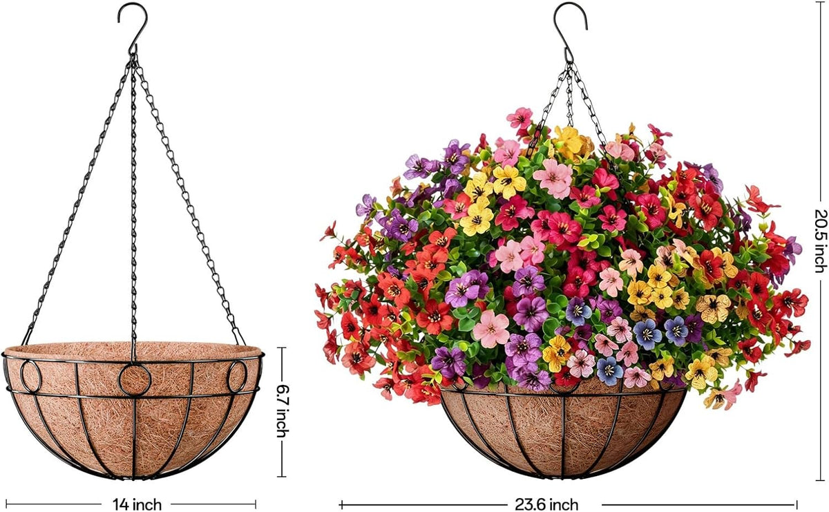 ZeeDix 18 Pcs Artificial Flowers with Hanging Baskets for Outdoors, 14 Inch Hanging Baskets with Fake Silk Flowers for Front Porch Patio Balcony Garden Home Spring Summer Decor
