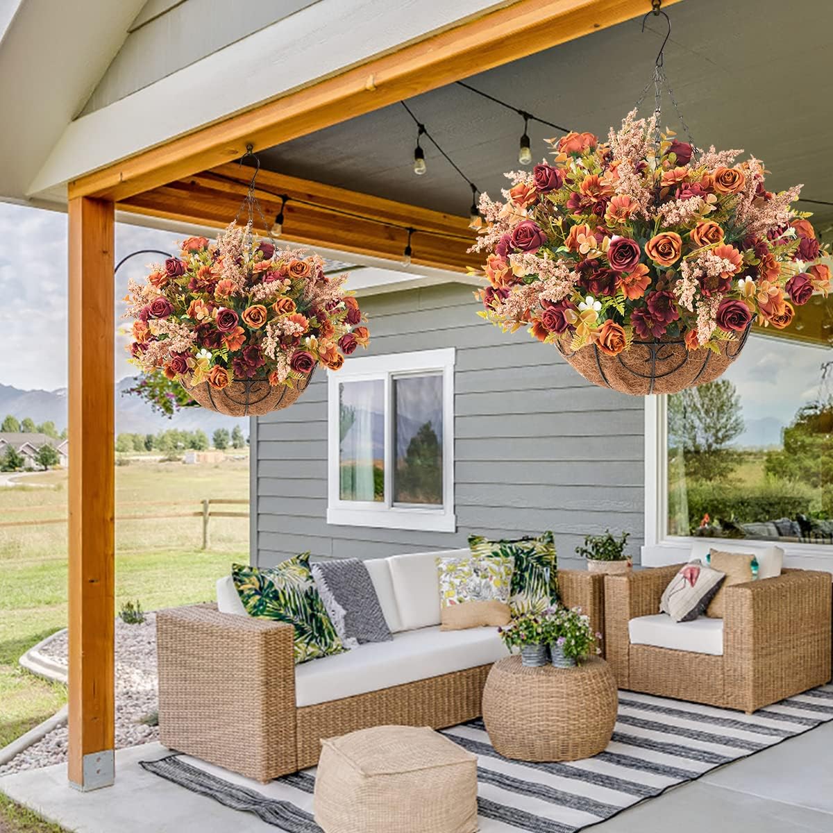 Homsunny Artificial Fall Hanging Flowers Baskets for Outdoor Decoration