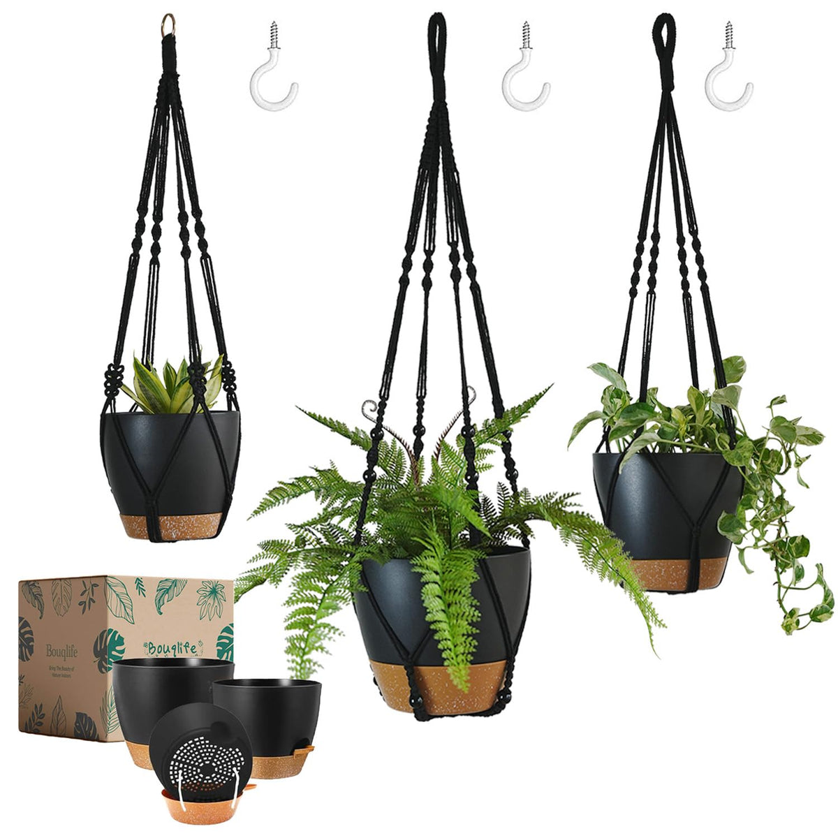 Bouqlife 3 Set Self Watering Hanging Planters for Indoor Plants