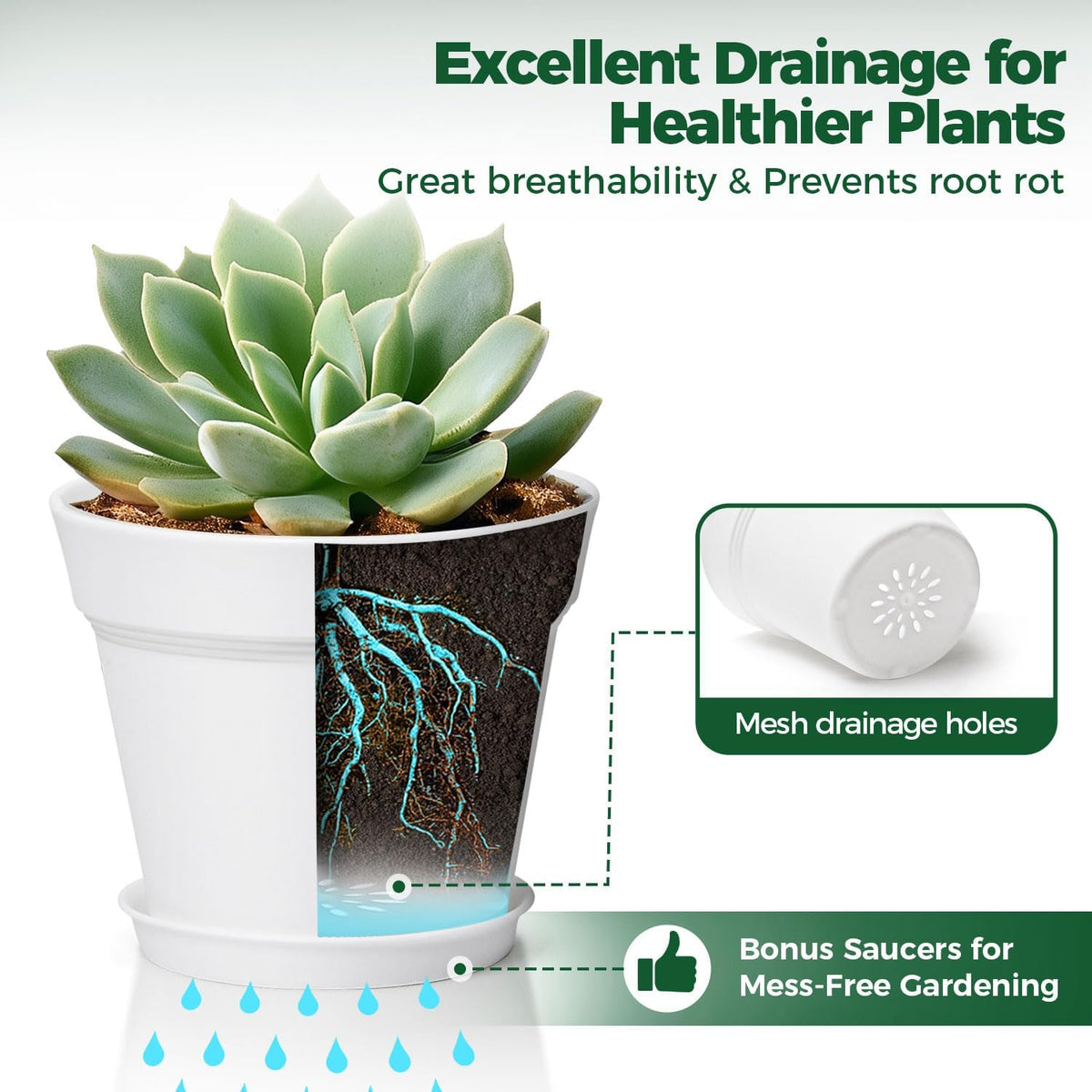T4U Small Plant Pots 5 Inch 8 Pack, Plastic Indoor Flower Pots Saucer White