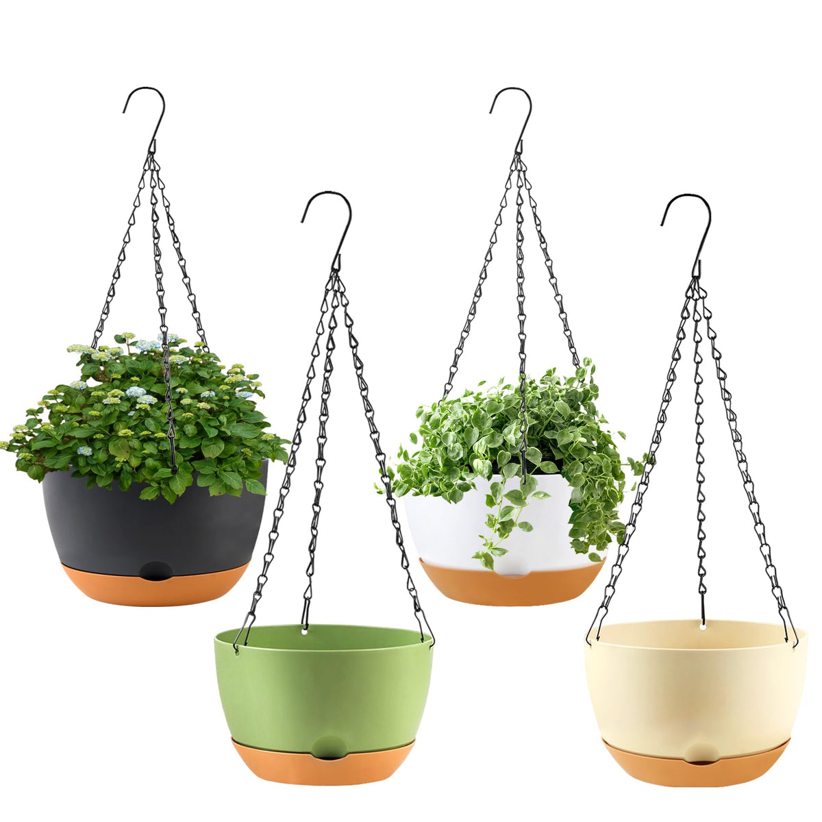 KPUVX 4 Pack Plastic Hanging pots for Plants Indoor,8 Inch Plant Pot Indoor Outdoor Hanging Baskets,Hanging Flower Pots with Drainage Holes and Chain for Garden Porch Plants(Black)