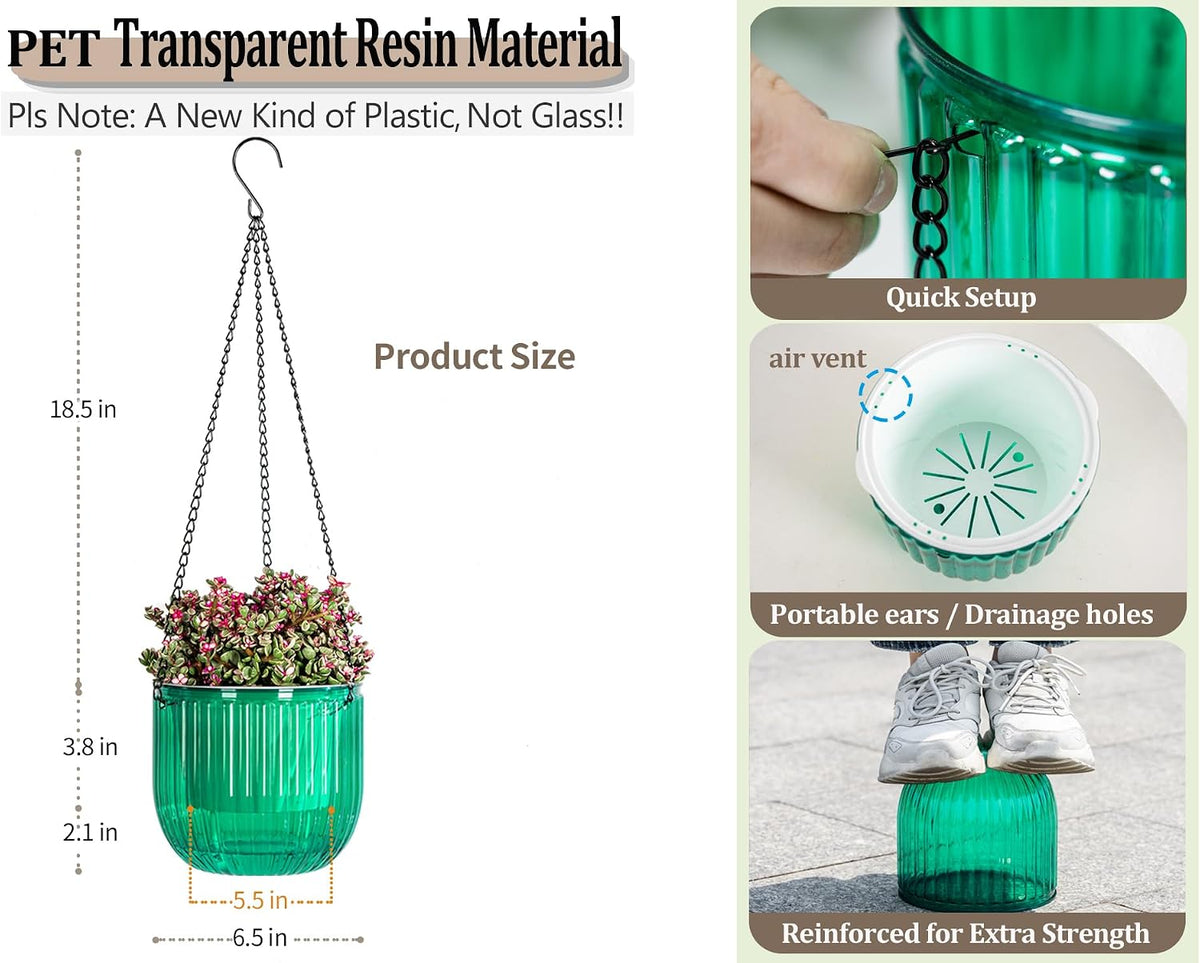 Melphoe 2 Pack Self Watering Hanging Planters Indoor Flower Pots, 6.5 Inch Outdoor Hanging Basket, Plant Hanger with 3Hooks Drainage Holes for Garden Home (Emerald)