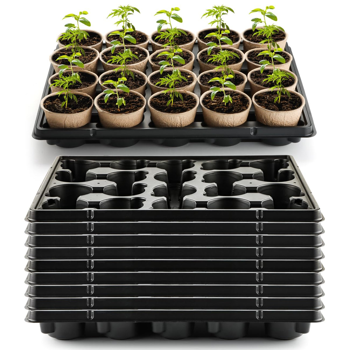 RooTrimmer 4 Inch Plastic Plant Pots 60 Pcs and 12 Cell Nursery Pots Trays 5 Pcs, Thick Sturdy Seeds Starting Germination Shuttle Carrying Trays, Black Small Planter Nursery Propagation 5 Sets